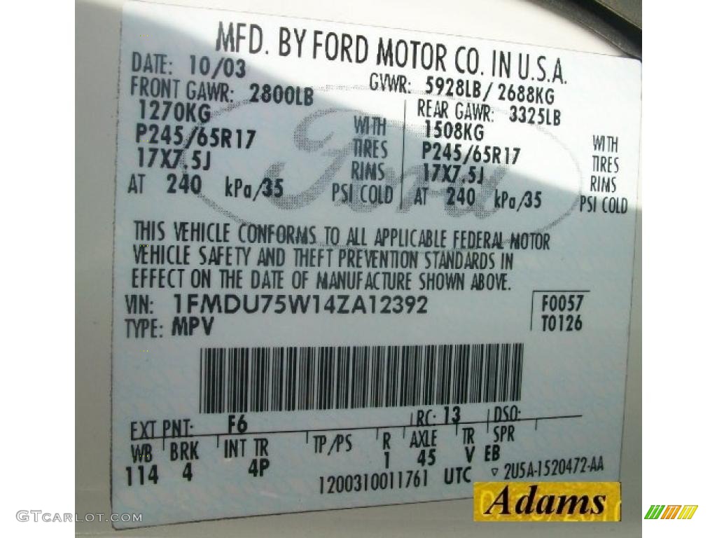 2004 Explorer Color Code F6 for Ceramic White Tri Coat Metallic Photo #38316367