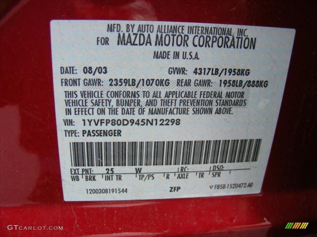 2004 MAZDA6 Color Code 25W for Redfire Metallic Photo #38319899