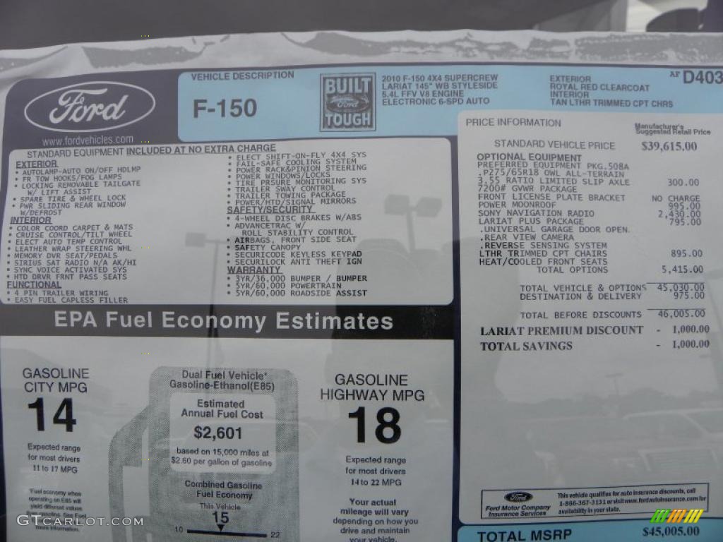 2010 Ford F150 Lariat SuperCrew 4x4 Window Sticker Photo #38322235