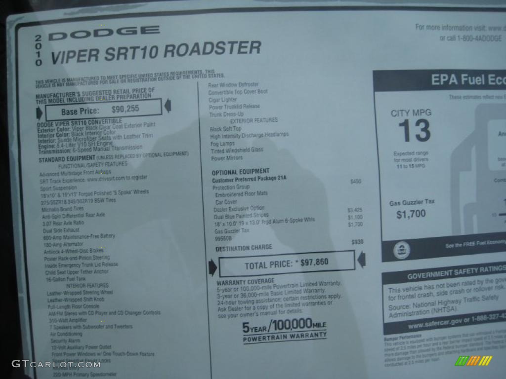 2010 Dodge Viper SRT10 Roanoke Dodge Edition Info Tag Photo #38329423