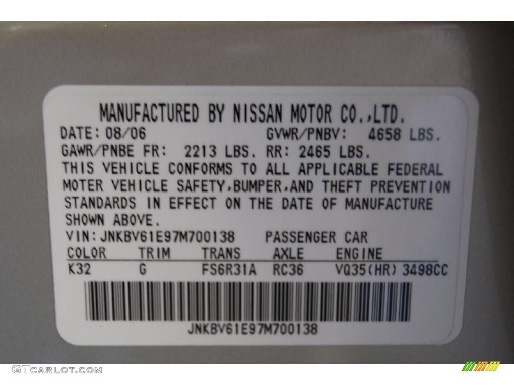 2007 Infiniti G 35 S Sport Sedan Info Tag Photo #38330971