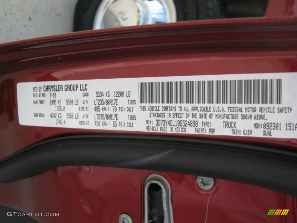 2011 Ram 3500 HD Color Code PRP for Deep Cherry Red Crystal Pearl Photo #38331495