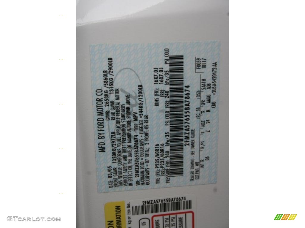 2005 Ford Freestar SES Color Code Photos