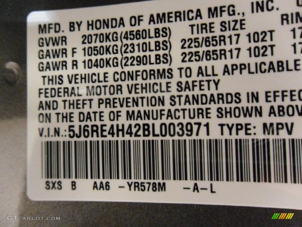 2011 CR-V Color Code YR578M for Urban Titanium Metallic Photo #38348986