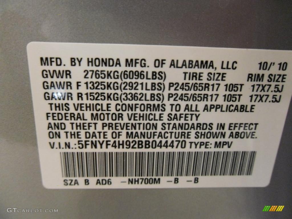 2011 Pilot Color Code NH700M for Alabaster Silver Metallic Photo #38352078
