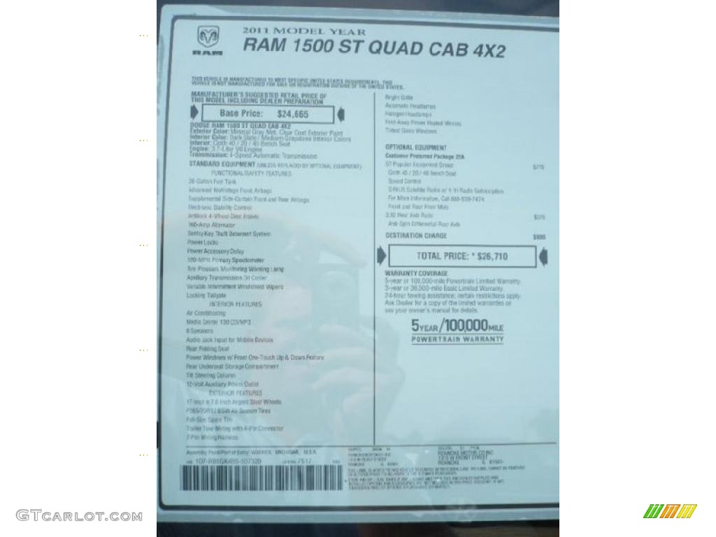 2011 Dodge Ram 1500 ST Quad Cab Window Sticker Photo #38352574
