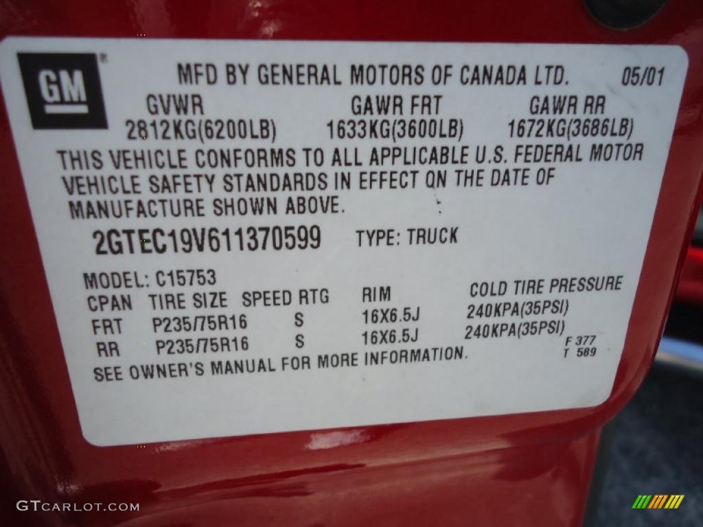 2001 GMC Sierra 1500 SLE Extended Cab Info Tag Photo #38358478