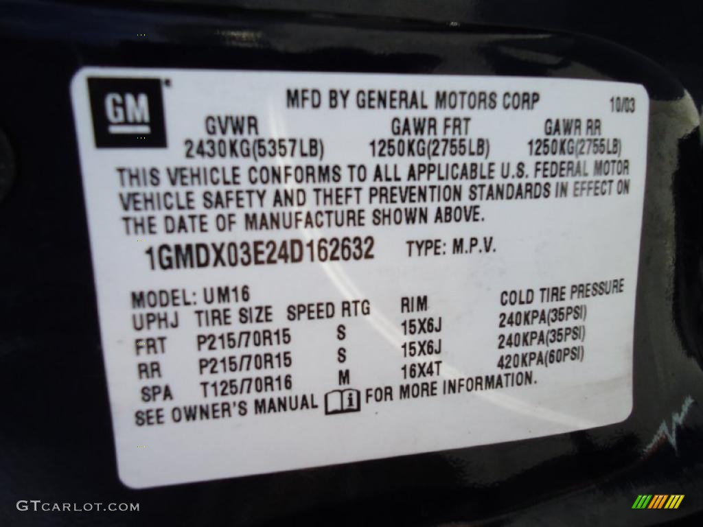 2004 Pontiac Montana Standard Montana Model Info Tag Photo #38360150