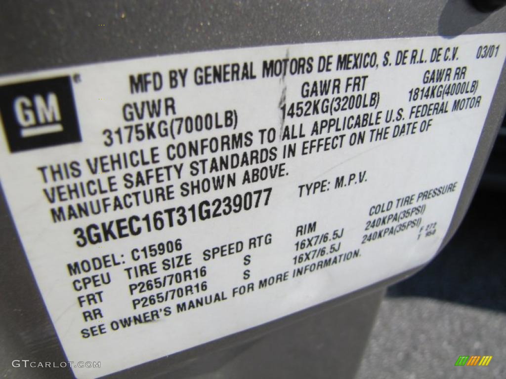 2001 GMC Yukon XL SLT Info Tag Photo #38405046