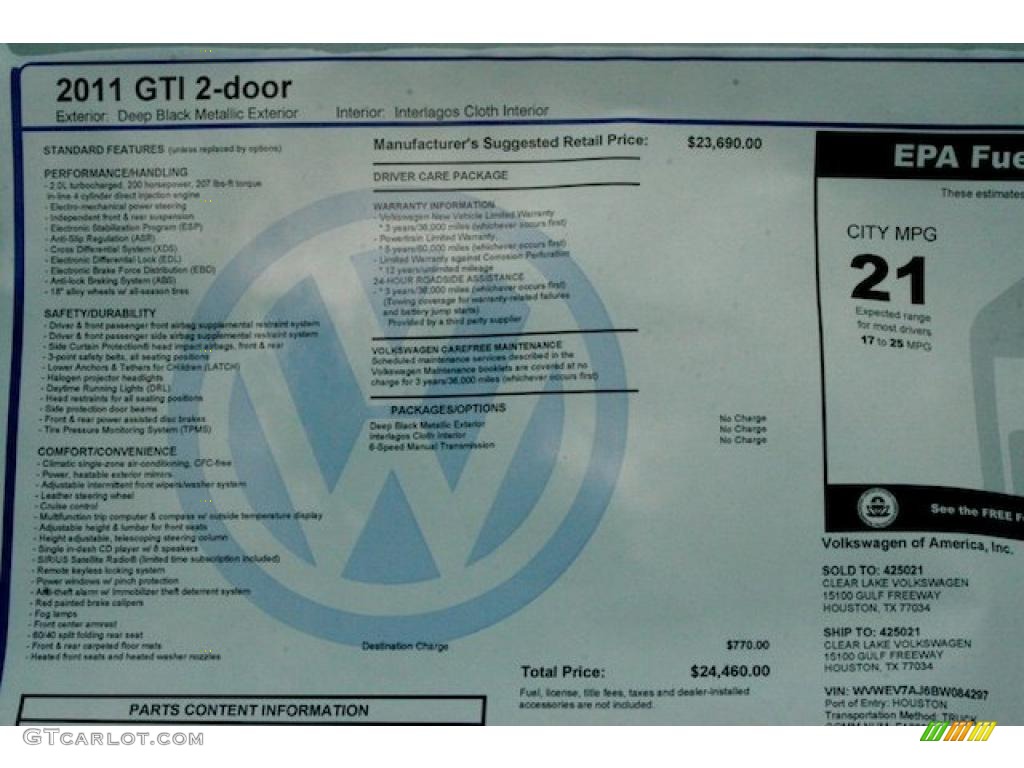 2011 Volkswagen GTI 2 Door Window Sticker Photo #38408556