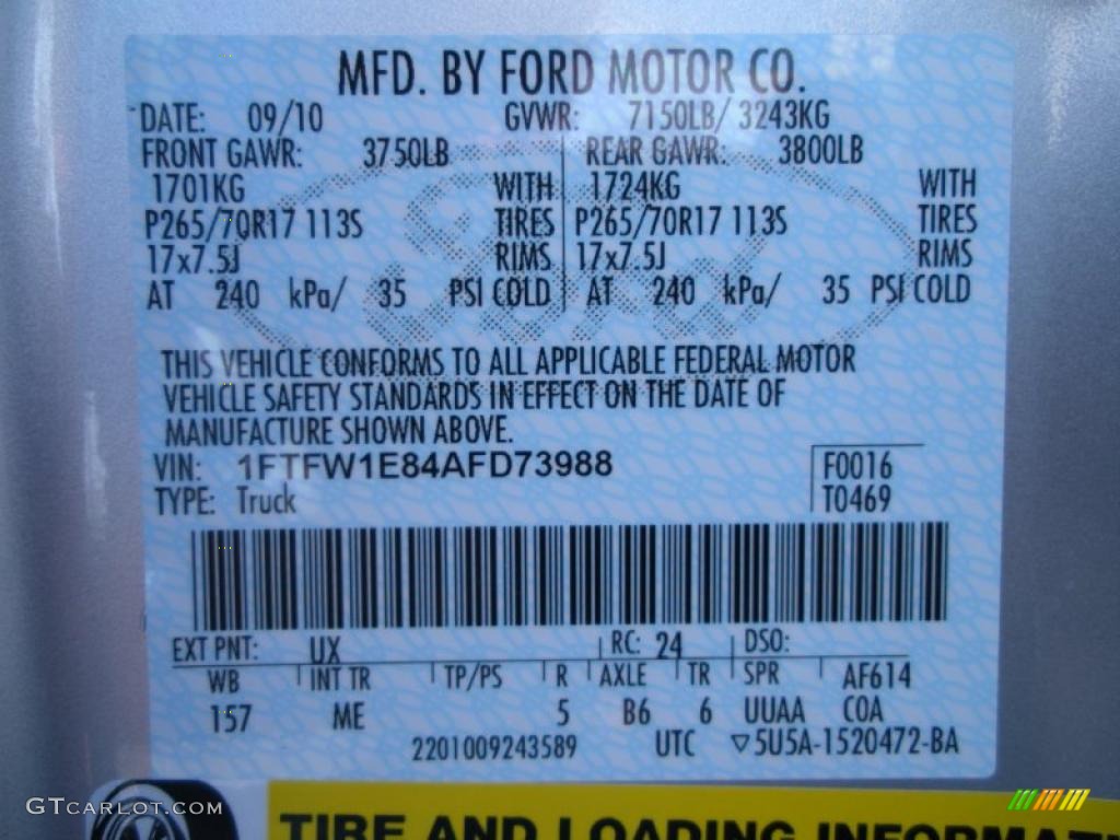 2010 F150 Color Code UX for Ingot Silver Metallic Photo #38415037