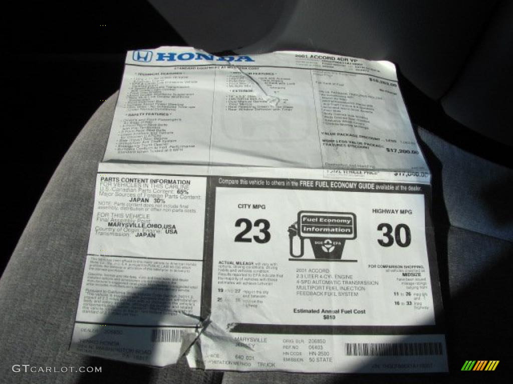 2001 Honda Accord Value Package Sedan Window Sticker Photo #38427653