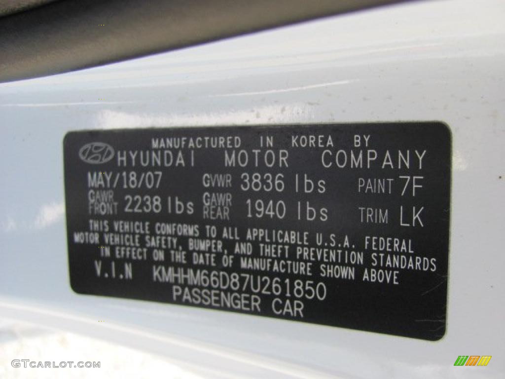 2007 Tiburon Color Code 7F for Captiva White Photo #38434020