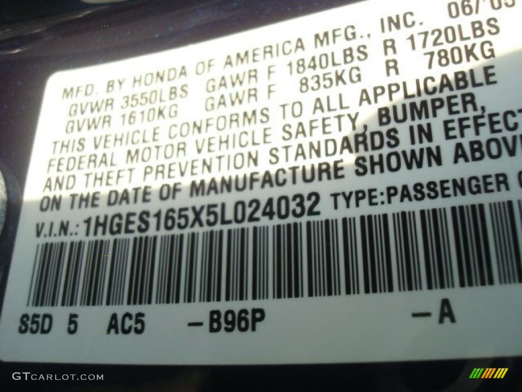 2005 Civic Color Code B96P for Eternal Blue Pearl Photo #38442496