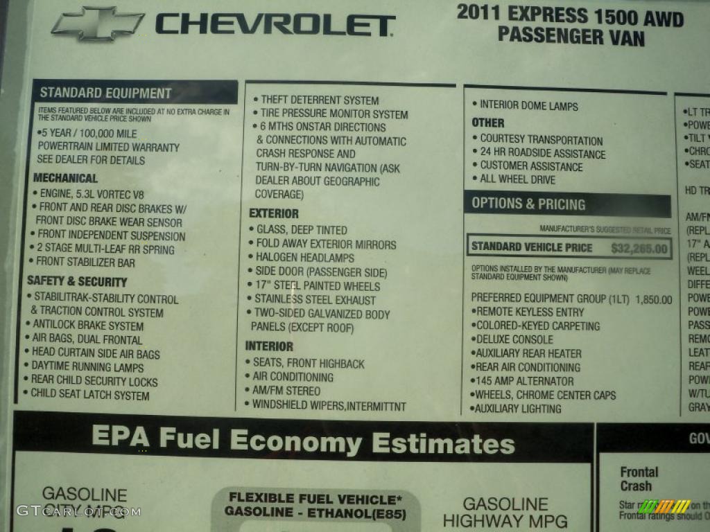 2011 Chevrolet Express LT 1500 Passenger Van Window Sticker Photo #38452968