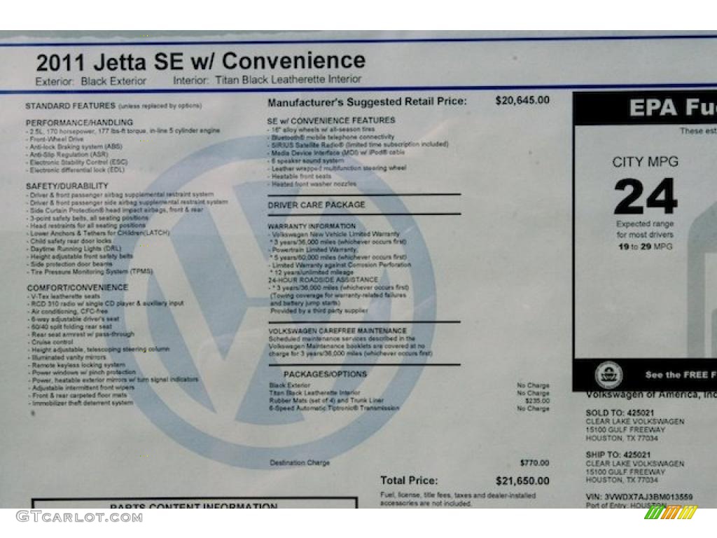 2011 Volkswagen Jetta SE Sedan Window Sticker Photo #38466001