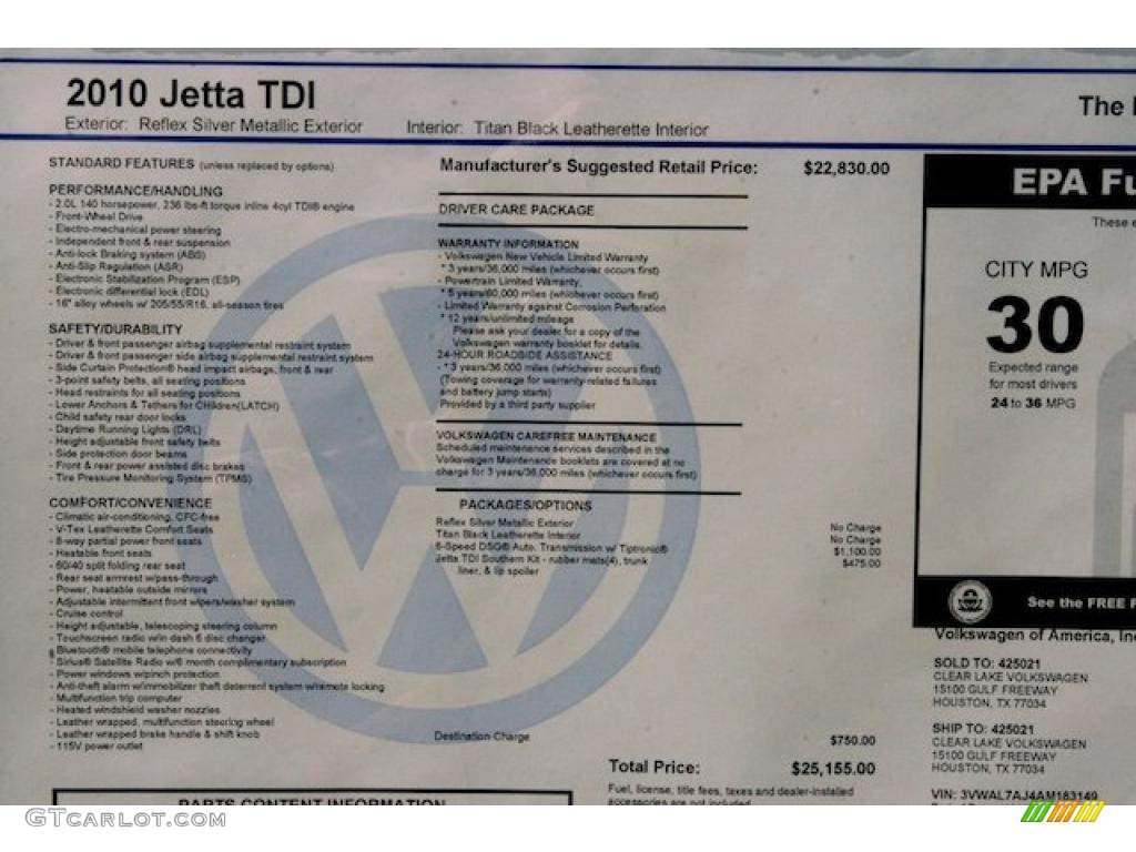 2010 Volkswagen Jetta TDI Sedan Window Sticker Photo #38466893