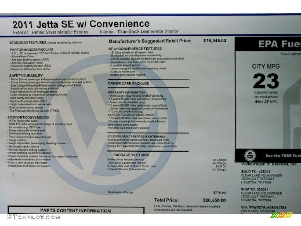 2011 Volkswagen Jetta SE Sedan Window Sticker Photo #38467509