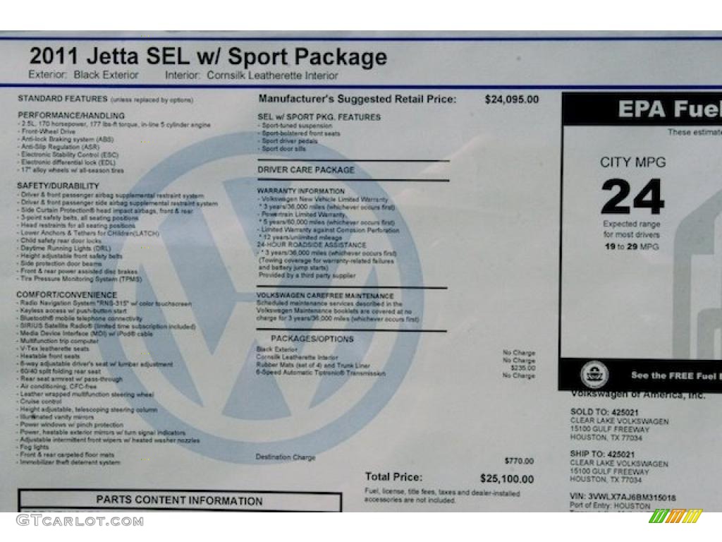 2011 Volkswagen Jetta SEL Sedan Window Sticker Photo #38467737