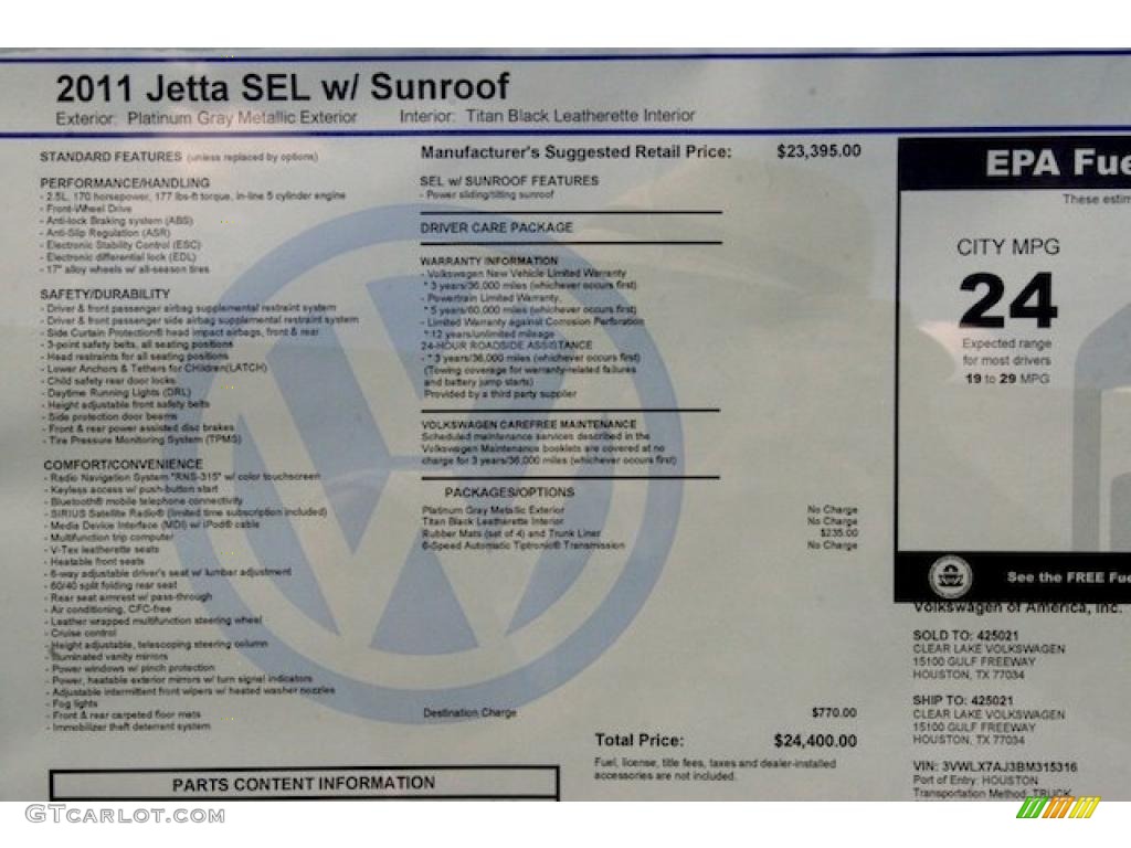2011 Volkswagen Jetta SEL Sedan Window Sticker Photo #38467949