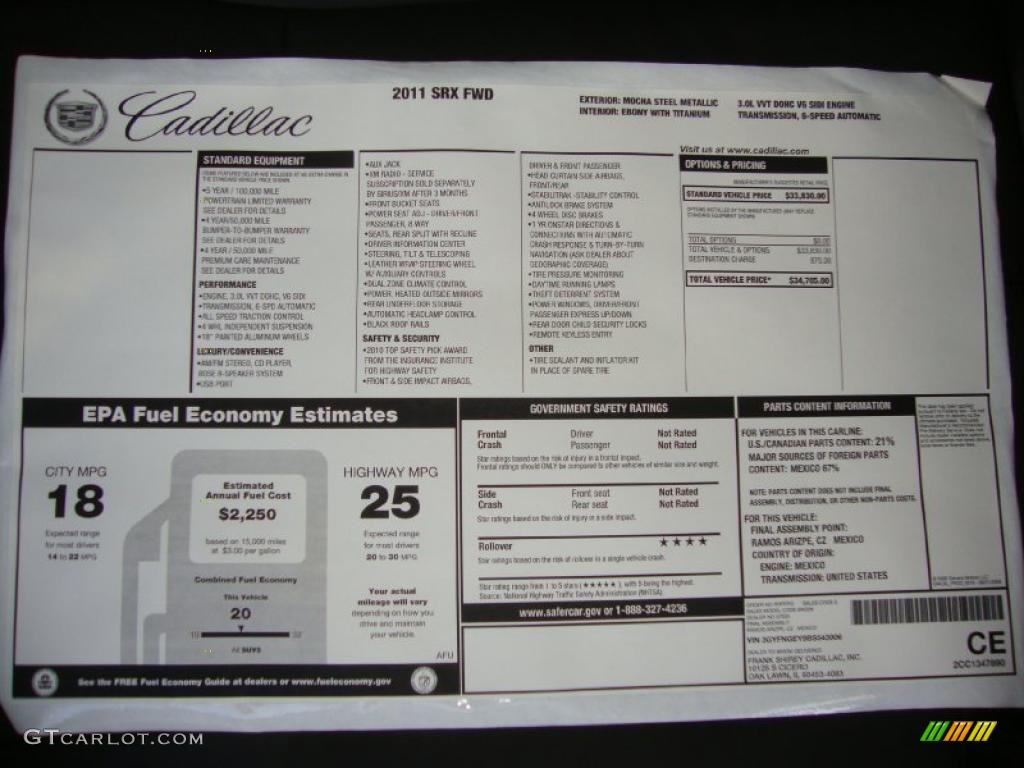 2011 Cadillac SRX FWD Window Sticker Photo #38471717