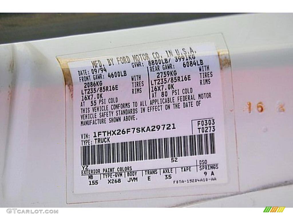 1995 F250 Color Code YZ for Oxford White Photo #38485107