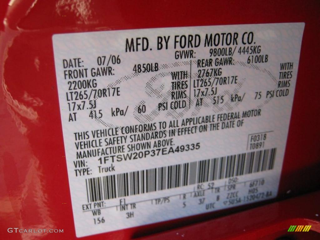 2007 Ford F250 Super Duty XLT Crew Cab Color Code Photos
