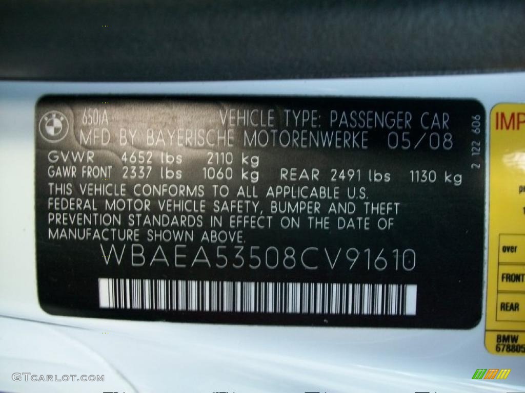 2008 BMW 6 Series 650i Coupe Info Tag Photo #38532143