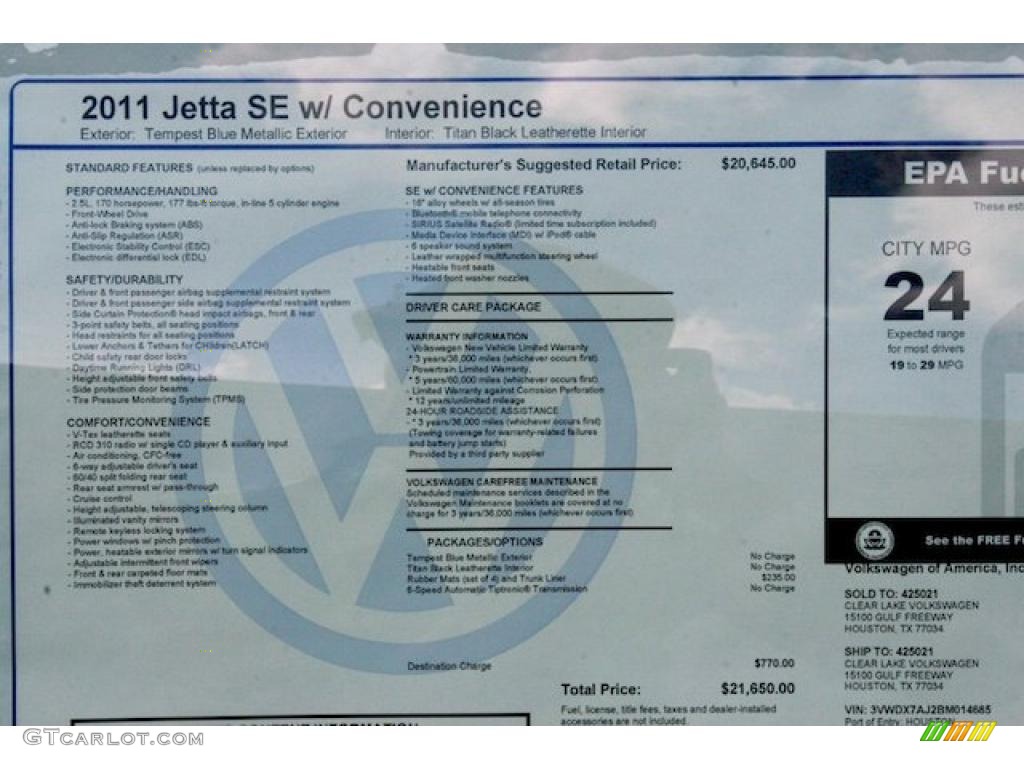 2011 Volkswagen Jetta SE Sedan Window Sticker Photo #38543411
