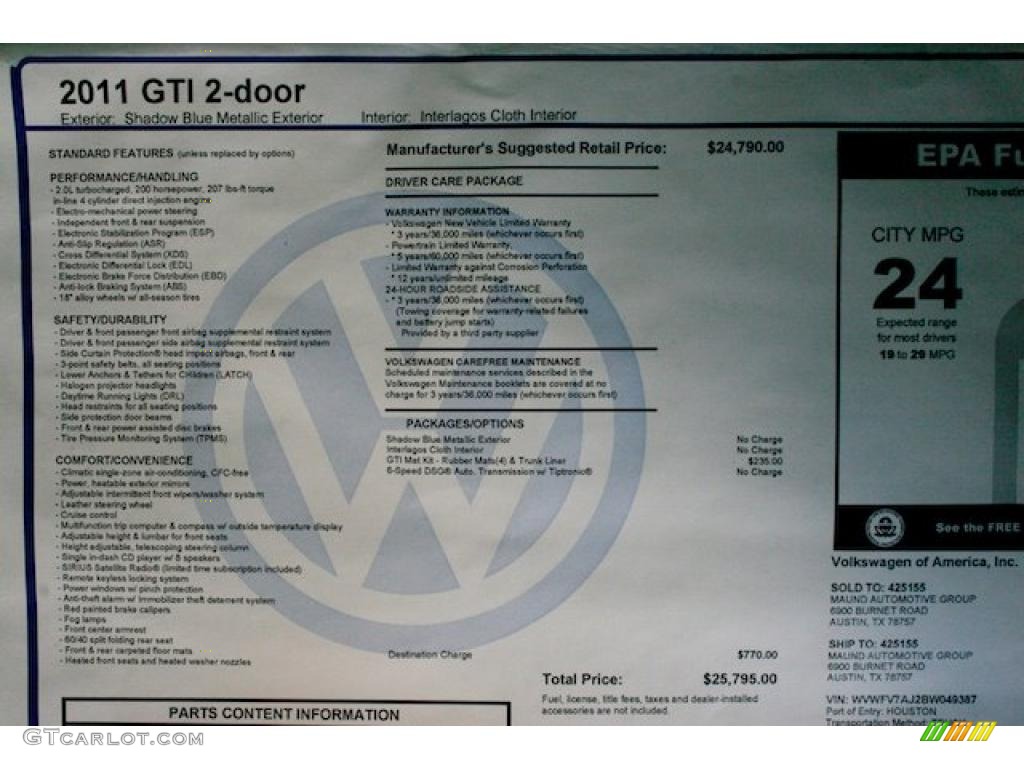 2011 Volkswagen GTI 2 Door Window Sticker Photo #38543851
