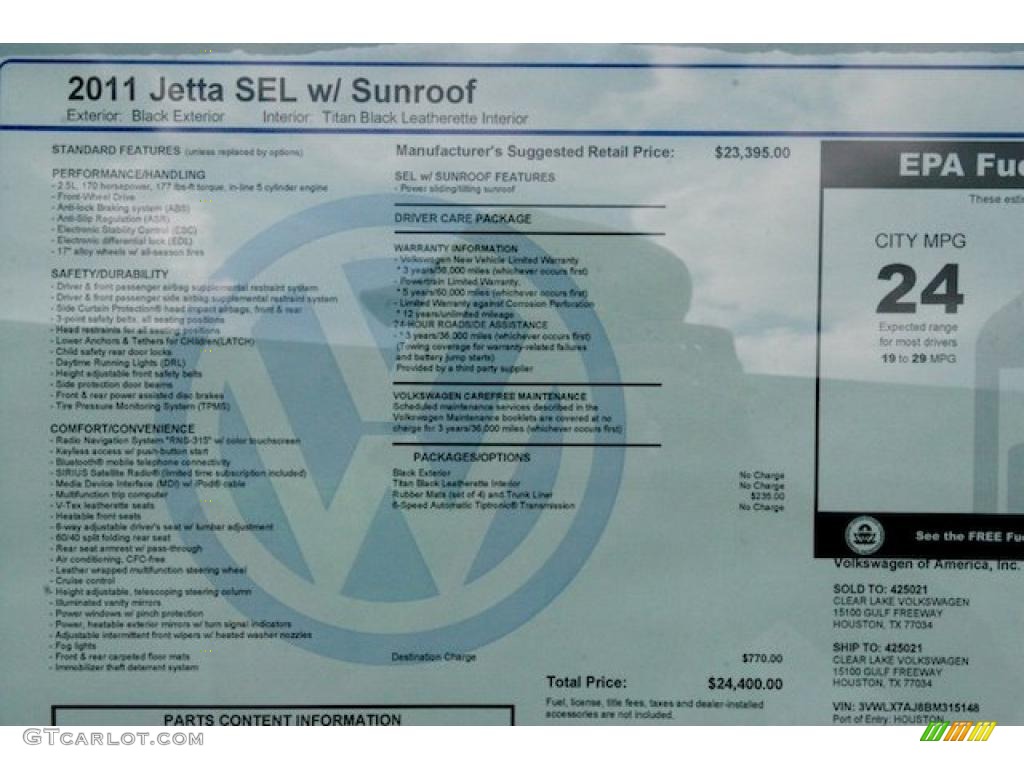 2011 Volkswagen Jetta SEL Sedan Window Sticker Photo #38544303