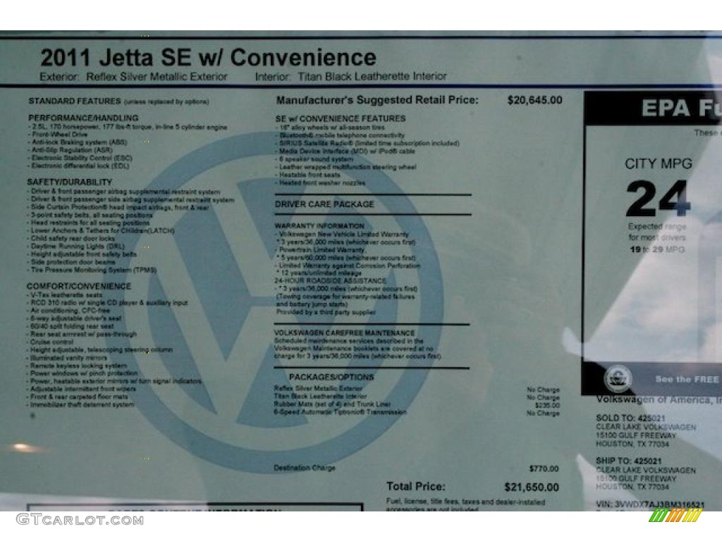 2011 Volkswagen Jetta SE Sedan Window Sticker Photo #38544499