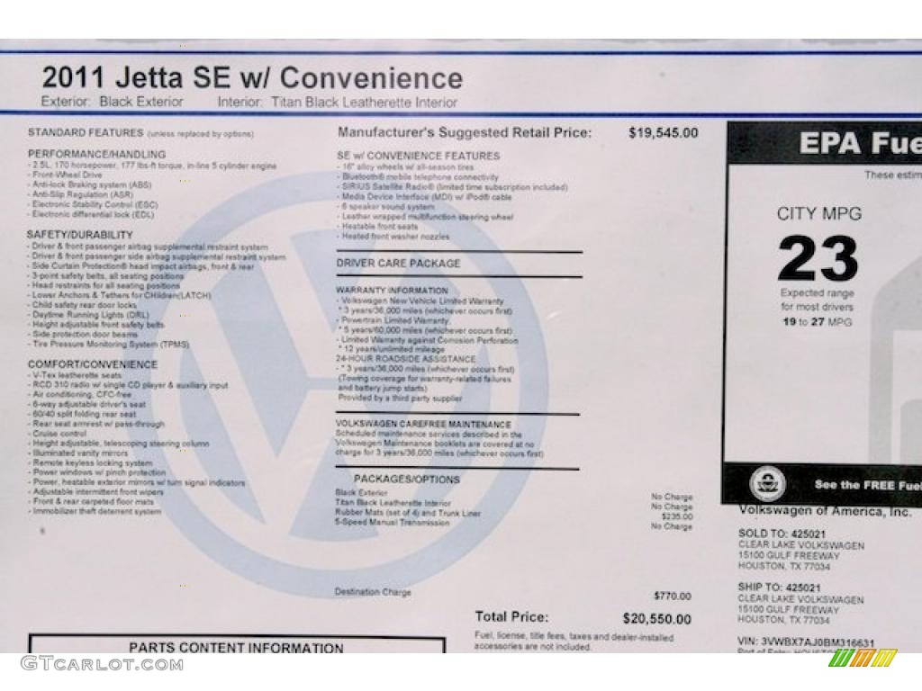 2011 Volkswagen Jetta SE Sedan Window Sticker Photo #38544683