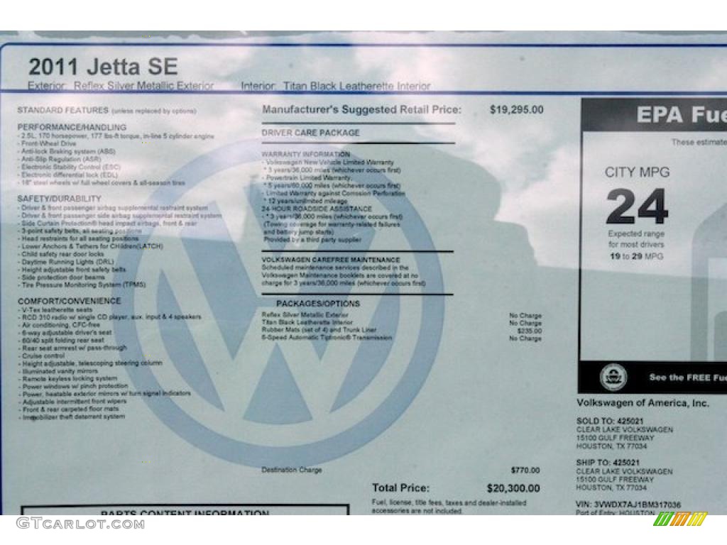 2011 Volkswagen Jetta SE Sedan Window Sticker Photo #38544899