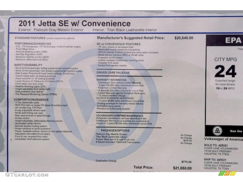 2011 Volkswagen Jetta SE Sedan Window Sticker Photo #38545323