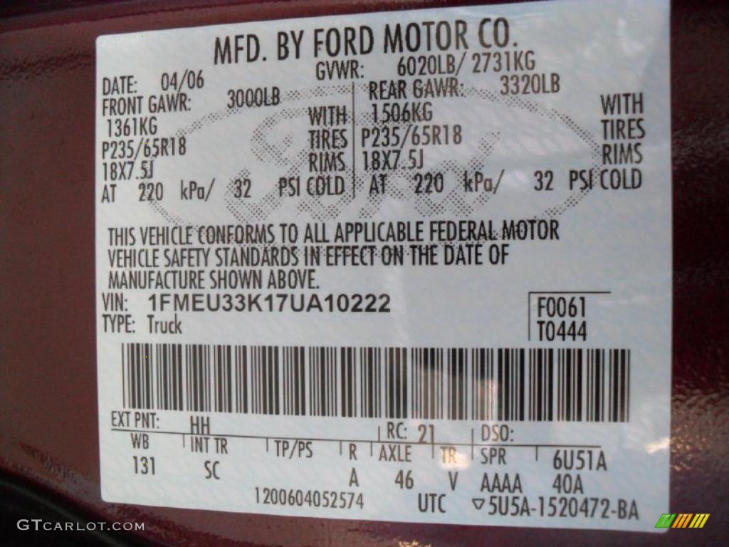 2007 Explorer Sport Trac Color Code HH for Dark Cherry Metallic Photo #38564257