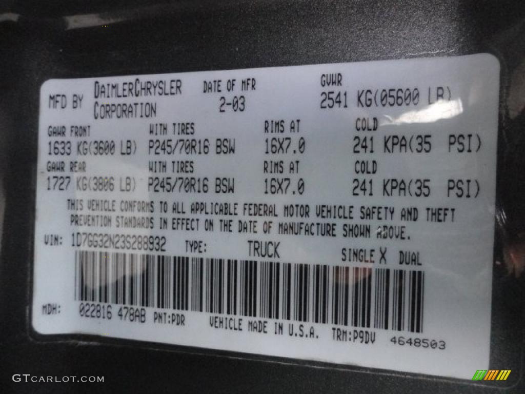 2003 Dakota Color Code PDR for Graphite Metallic Photo #38604993
