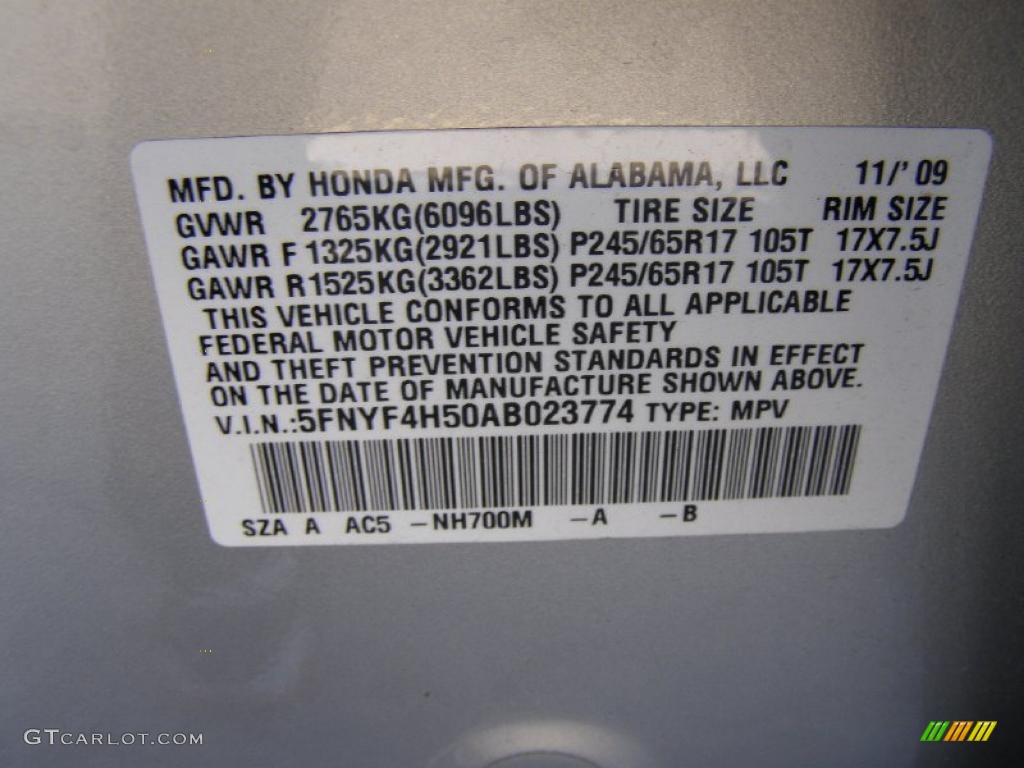 2010 Pilot Color Code NH700M for Alabaster Silver Metallic Photo #38621617