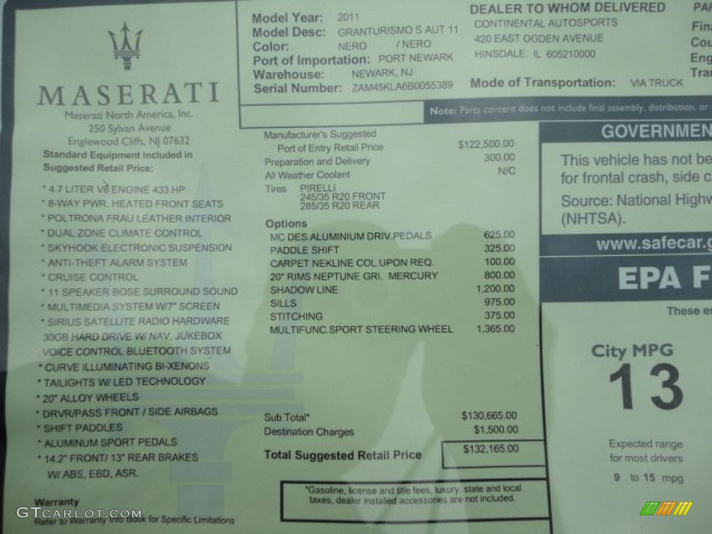 2011 Maserati GranTurismo S Automatic Window Sticker Photo #38625090