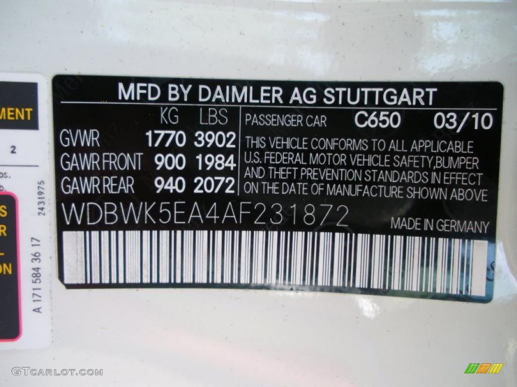2010 SLK Color Code 650 for Arctic White Photo #38625482