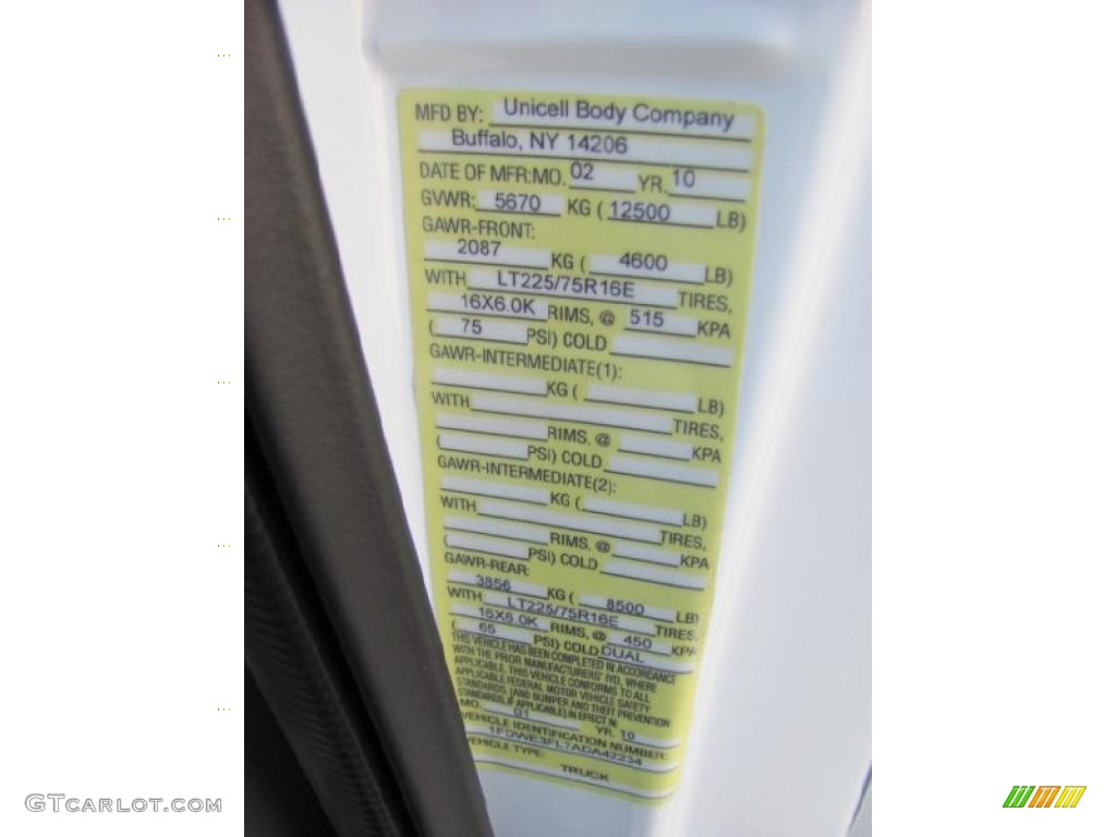 2010 Ford E Series Cutaway E350 Commercial Moving Van Info Tag Photo #38636822