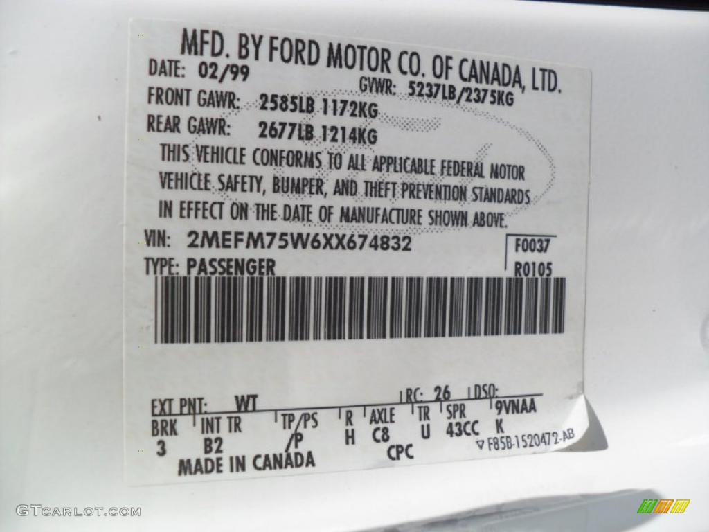 1999 Grand Marquis Color Code WT for Vibrant White Photo #38638518