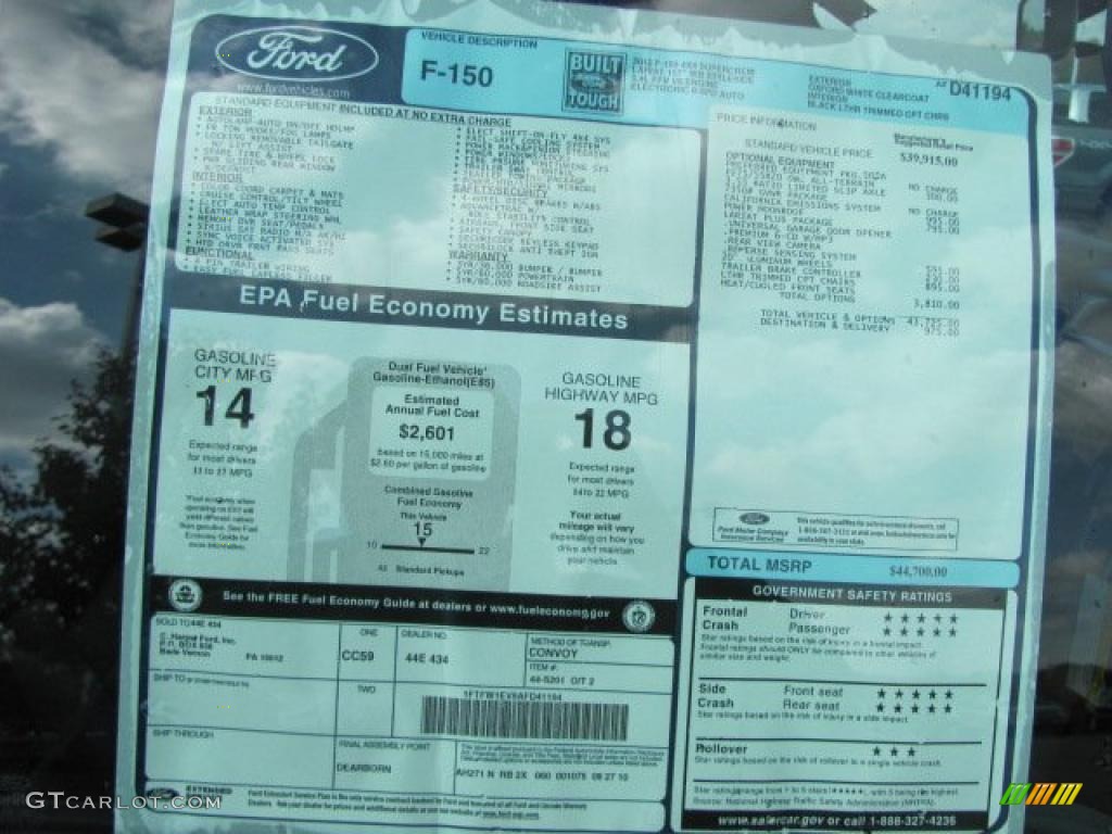 2010 Ford F150 Lariat SuperCrew 4x4 Window Sticker Photo #38638990