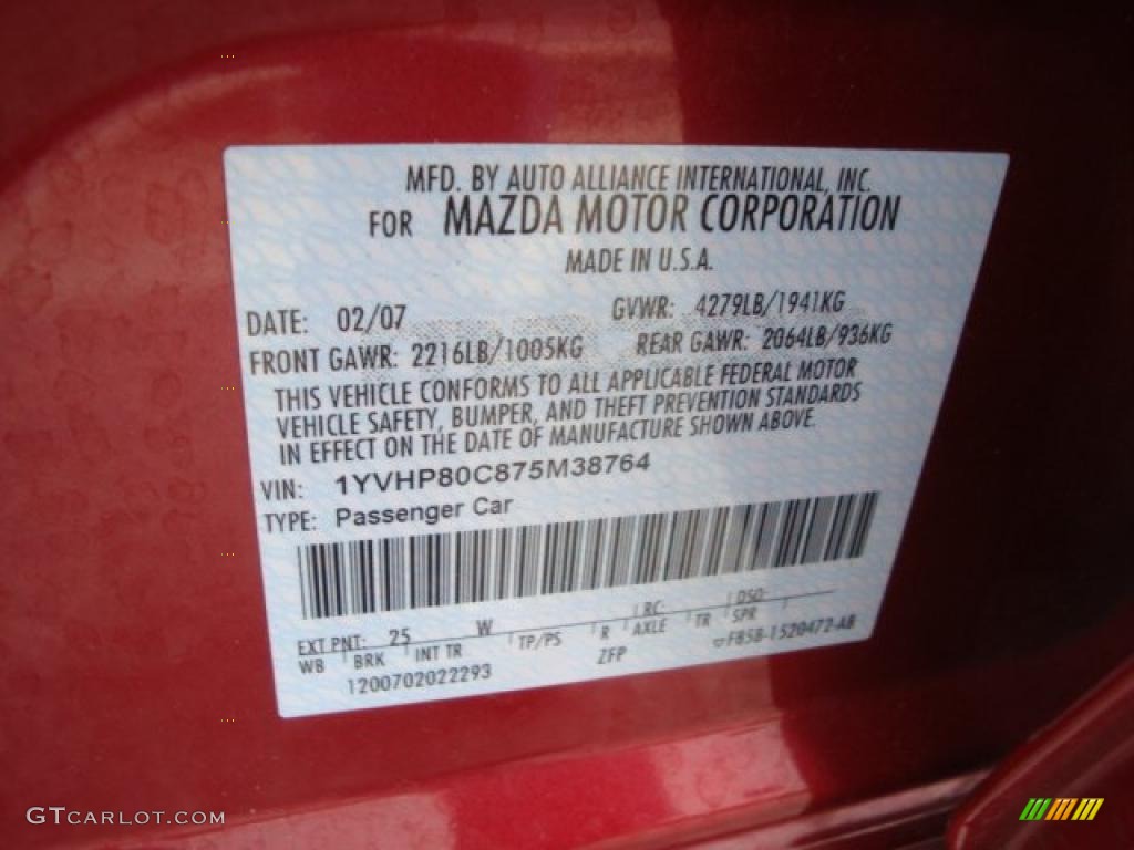 2007 MAZDA6 Color Code 25 for Redfire Metallic Photo #38647026