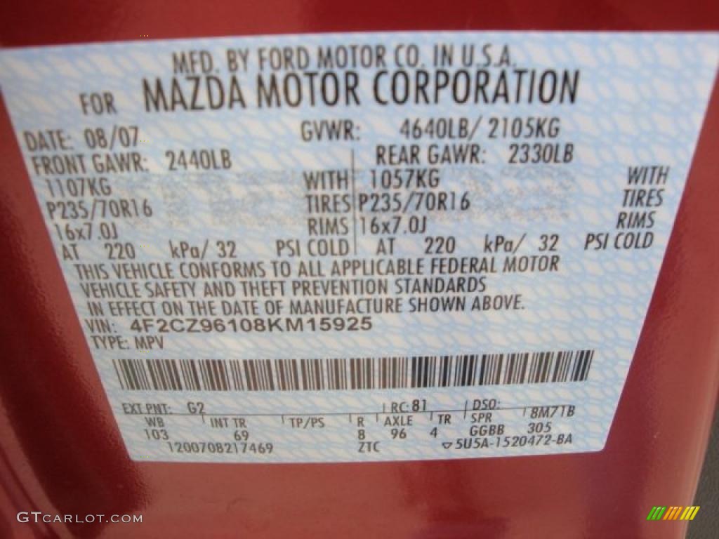 2008 Mazda Tribute s Grand Touring 4WD Color Code Photos