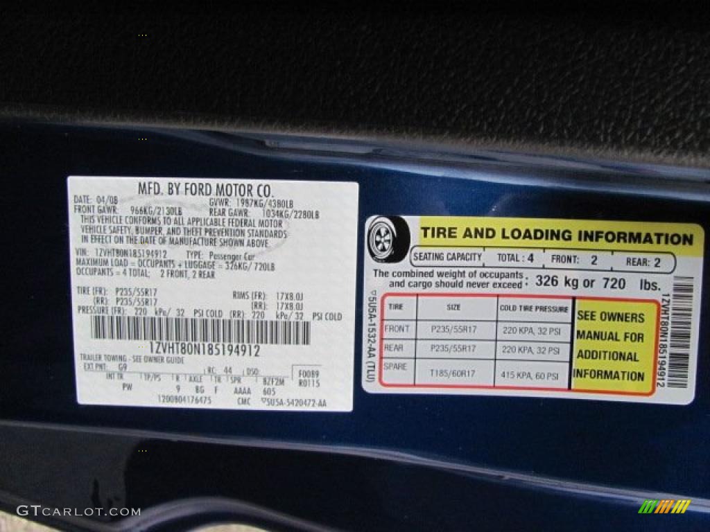 2008 Mustang Color Code G9 for Vista Blue Metallic Photo #38655326