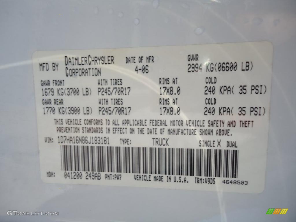 2006 Ram 1500 Color Code PW7 for Bright White Photo #38655822
