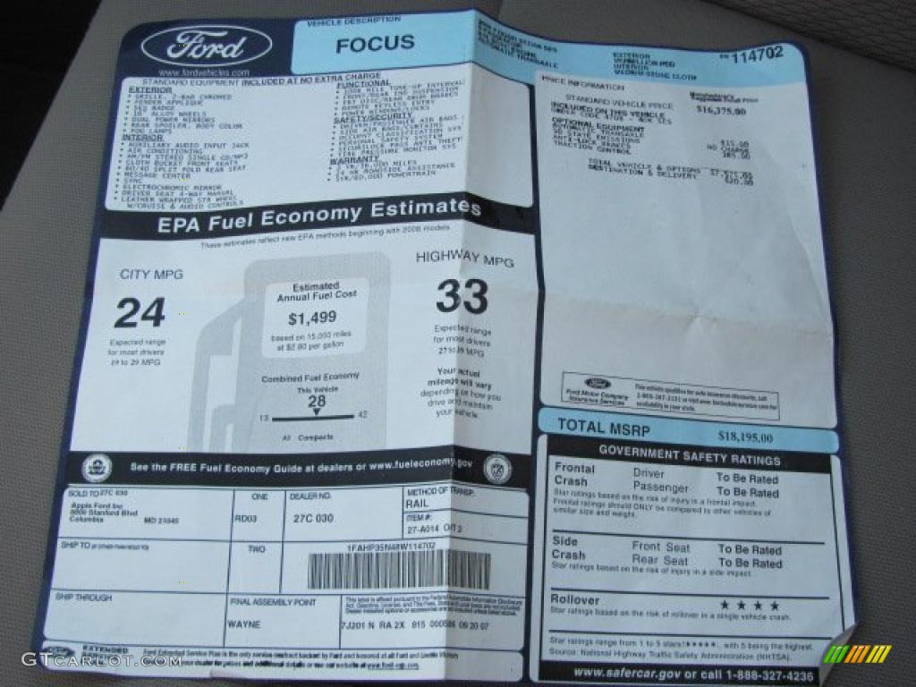 2008 Ford Focus SES Sedan Window Sticker Photo #38656834