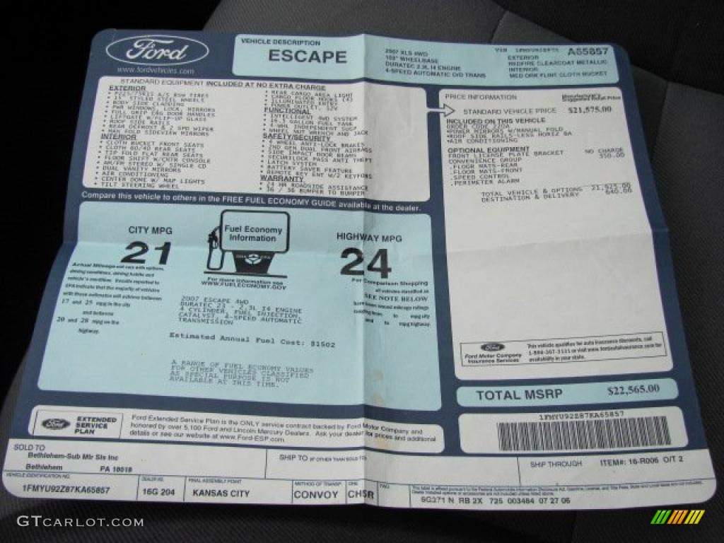 2007 Ford Escape XLS 4WD Window Sticker Photo #38660734