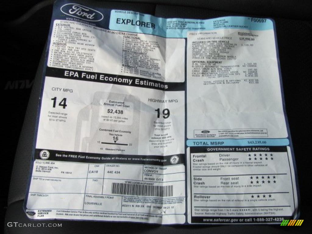 2010 Ford Explorer Sport Trac Adrenalin AWD Window Sticker Photos